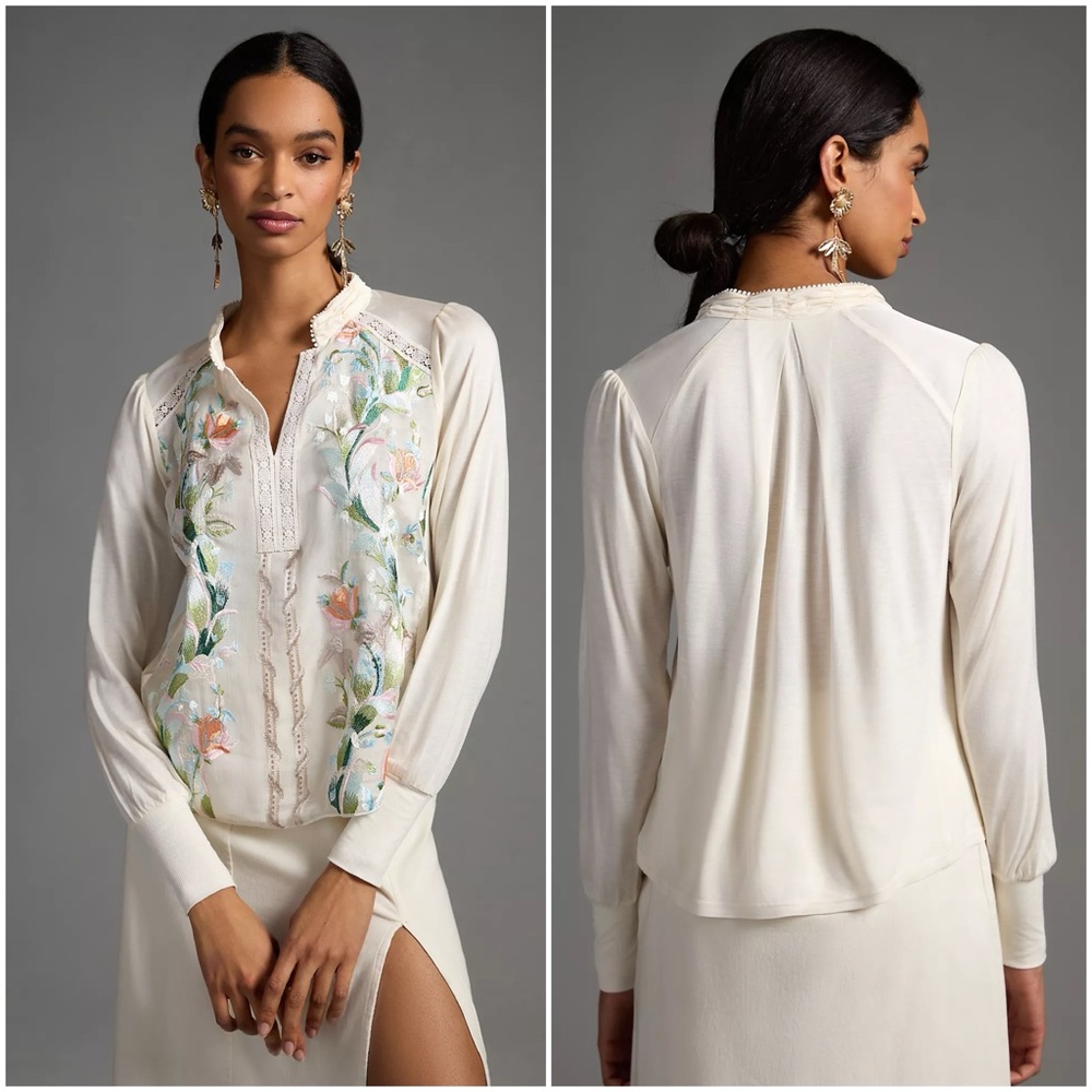 Tiny | Anthropologie Hartford Embroidered Top, Ivory/ Cream, Size XS - Picture 2 of 10
